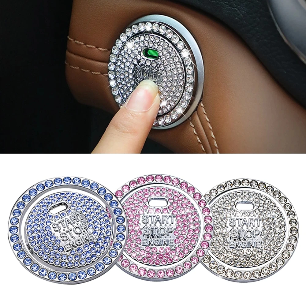 

Auto Bling Decorative Accessories Automobiles Start Switch Button Decorative Diamond Rhinestone Ring Circle Car Trim Silver Pink