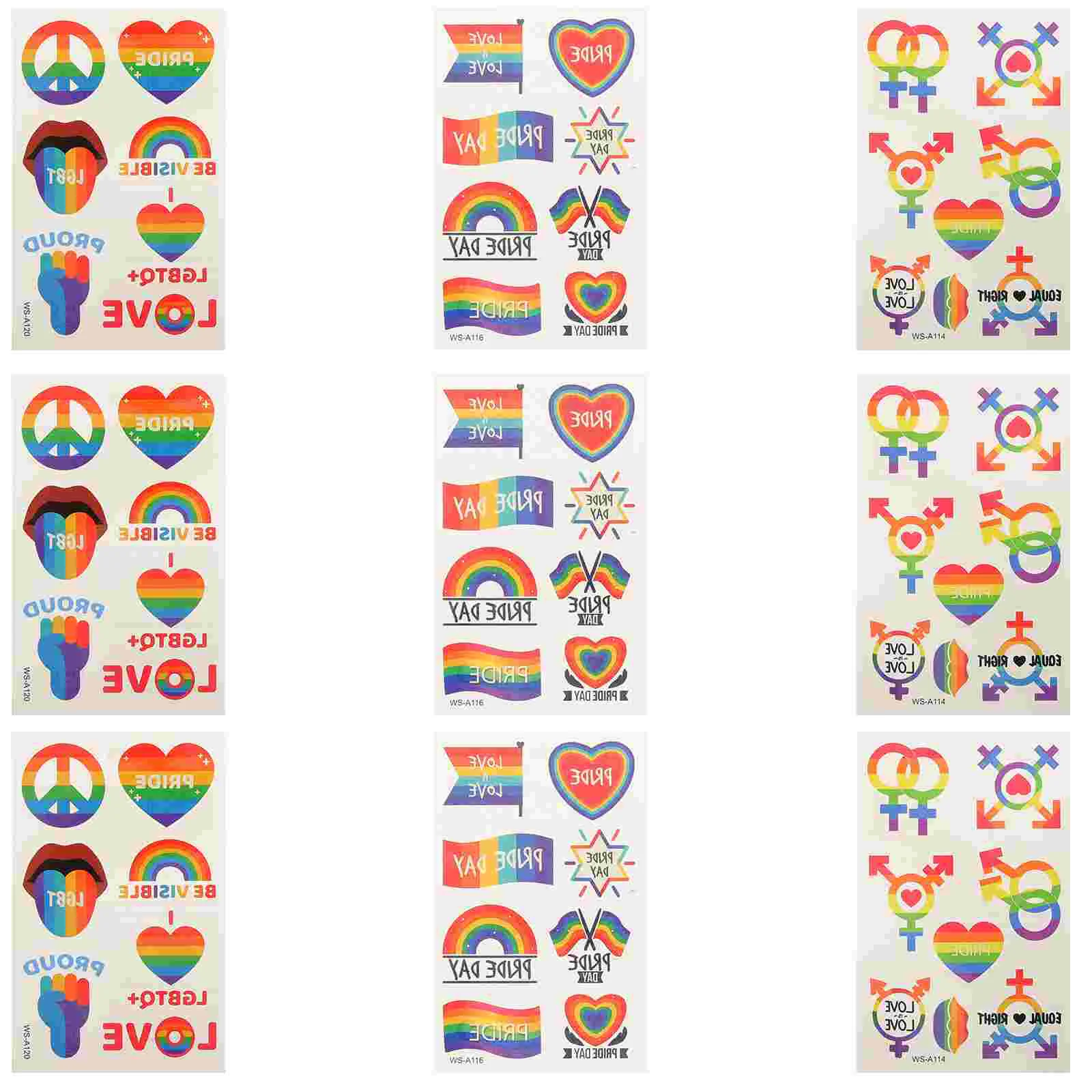 

9 Sheets Rainbow Tattoo Stickers Face Kids Girls Heart-shaped Tattoos Temporary Copper Plate Gay Boy Gifts