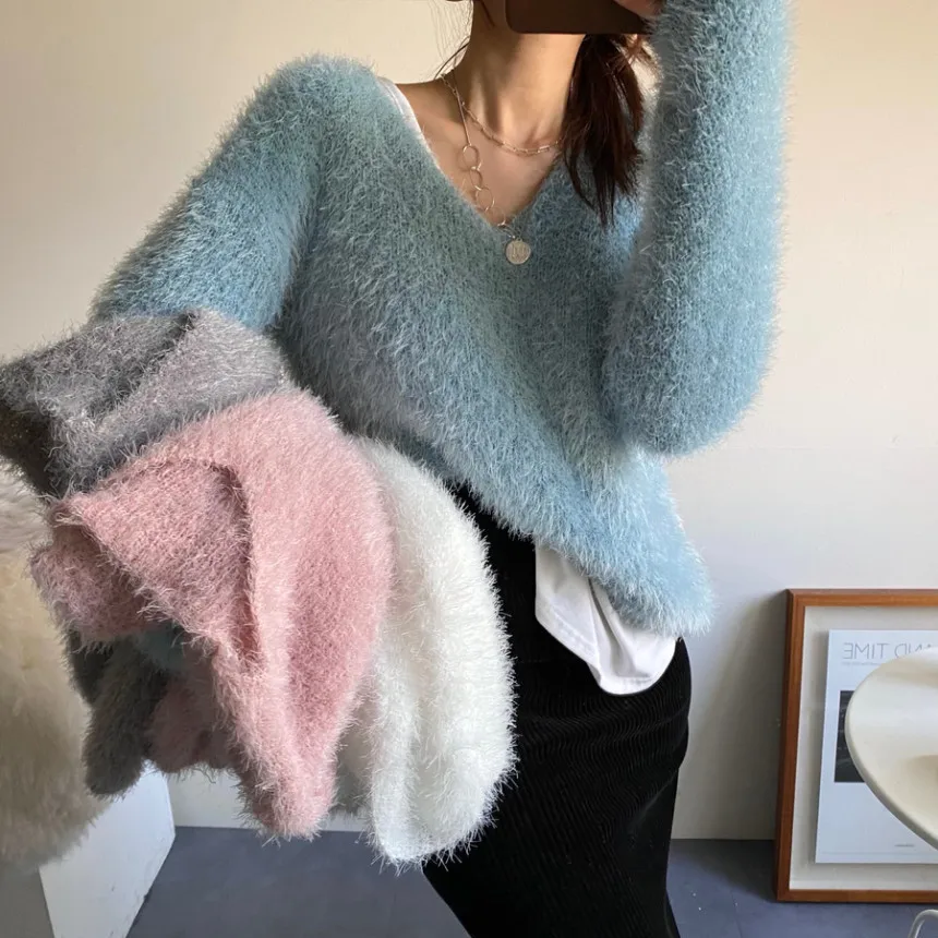 

Fashion Korean Women Soft Sweaters Chic Autumn Winter V Neck White Mohair Knitted Warm Long Sleeve Loose Pullovers