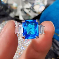 women square cut blue bridal wedding engagement rings charming cz glass filled proposal ring anniversary gift jewelry
