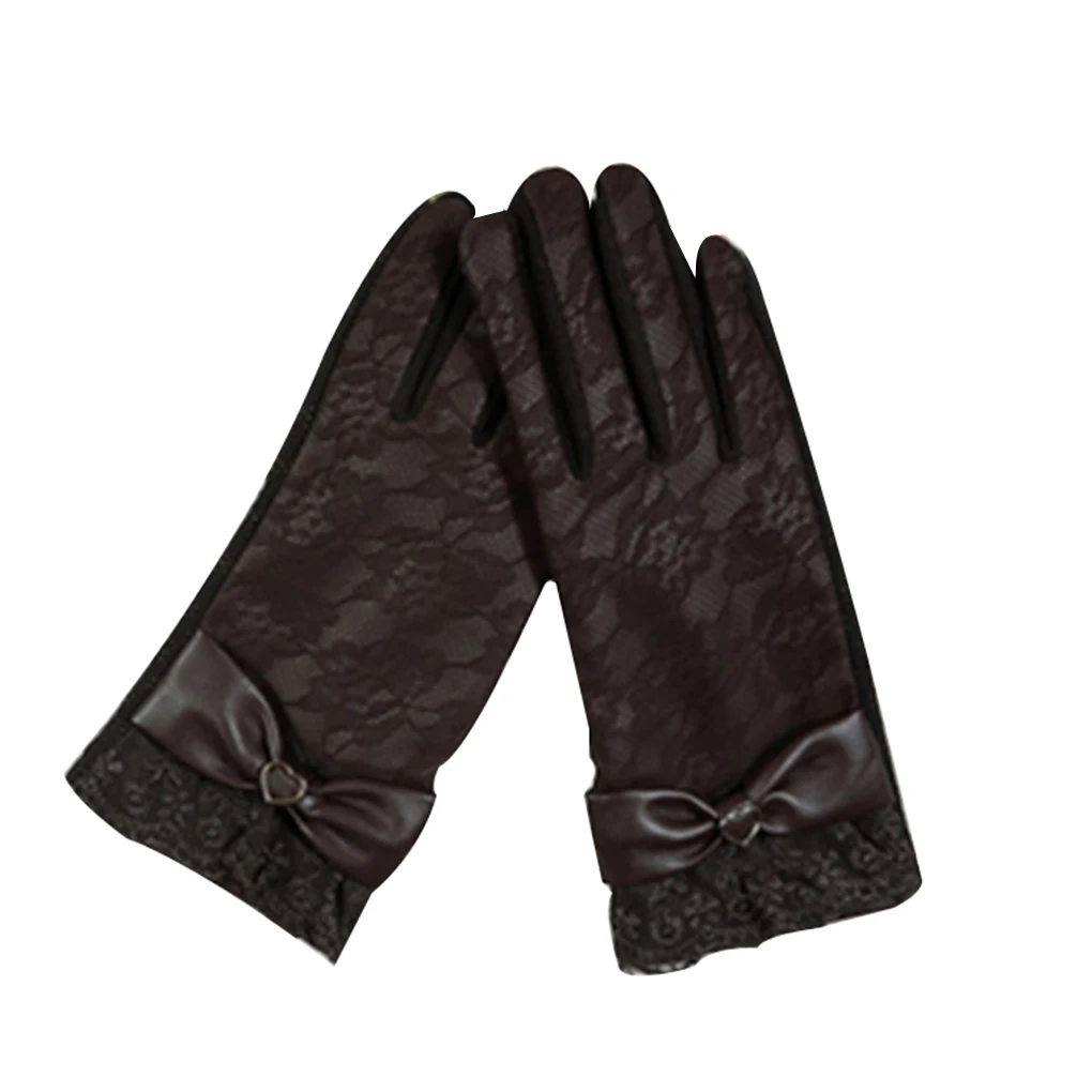 

Elegant Lady Lace Bowknot Driving Gloves Leather Winter Warm Mittens Women's Full Finger Motocycle Ski Touch Screen Gloves