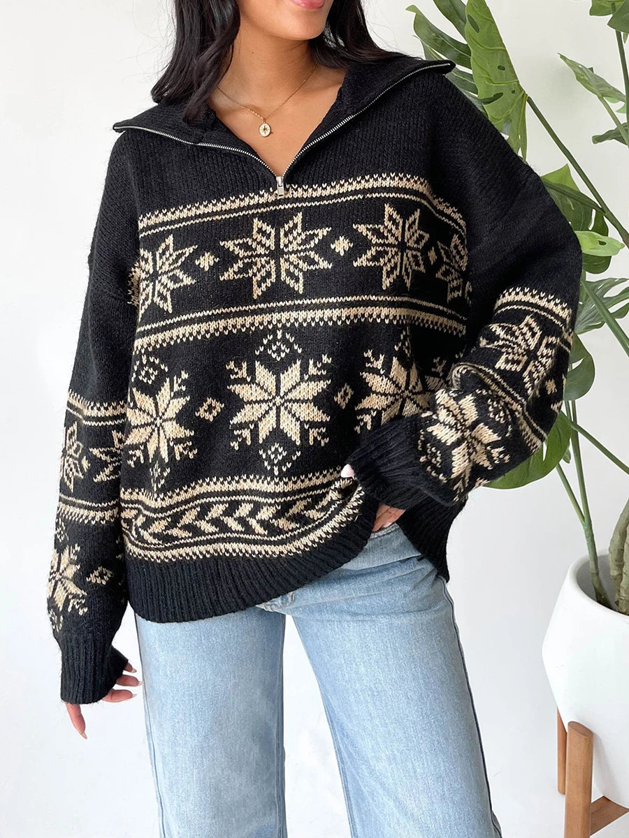 

Women Christmas Sweaters Long Sleeve Turn-down Collar Oversized Ugly Holiday Knitted Pullover Sweater