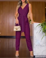 sexy deep v neck women sleeveless surplice neck belted jumpsuit 2022 summer fashion new high waist lace up jumpsuits
