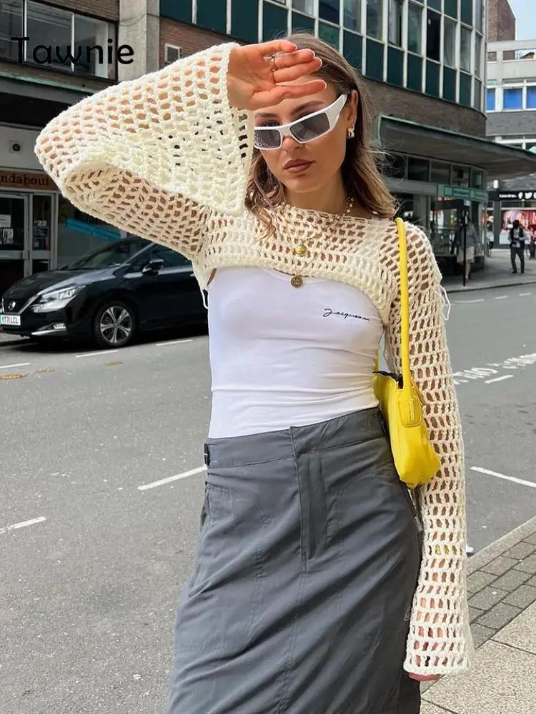 

Женский ТРИКОТАЖНЫЙ УКОРОЧЕННЫЙ ТОП с вырезами Tawnie, Свободный дышащий Топ с длинным рукавом в стиле ретро, уличная одежда для защиты от солн...