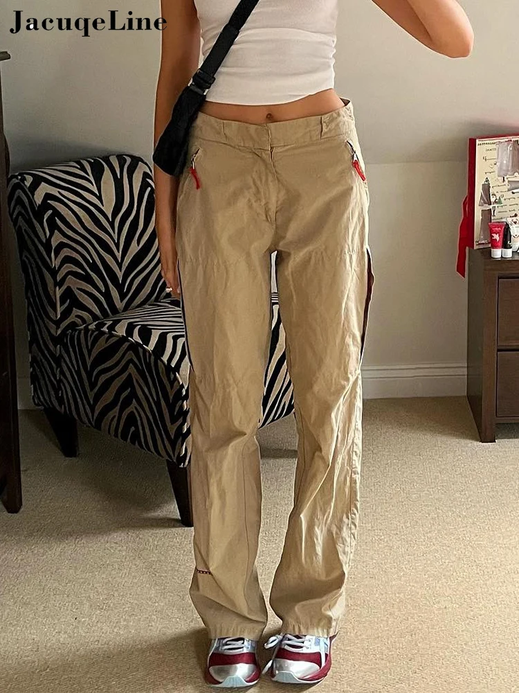 

Пикантные прямые штаны Jacqueline с низкой талией и карманами на молнии, женская одежда y2k, длинные брюки-карго, модные уличные спортивные штаны в...