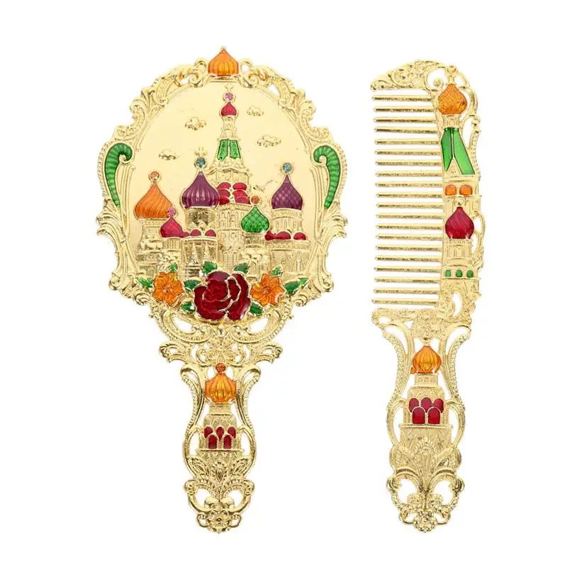 

Handle Mirror Comb Retro Euporen 3D Foldable Desktop Princess Mirro with Storage Gift Box Portable Standing Makeup Mirror Set