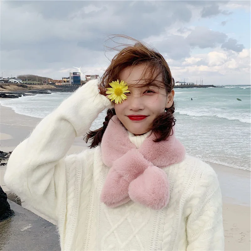 

New Korean Soft Plush Winter Warm Scarf Lady Girl Faux Fur Neck Collar Warmer Scarves Solid Color Female Cross Snood Scarf