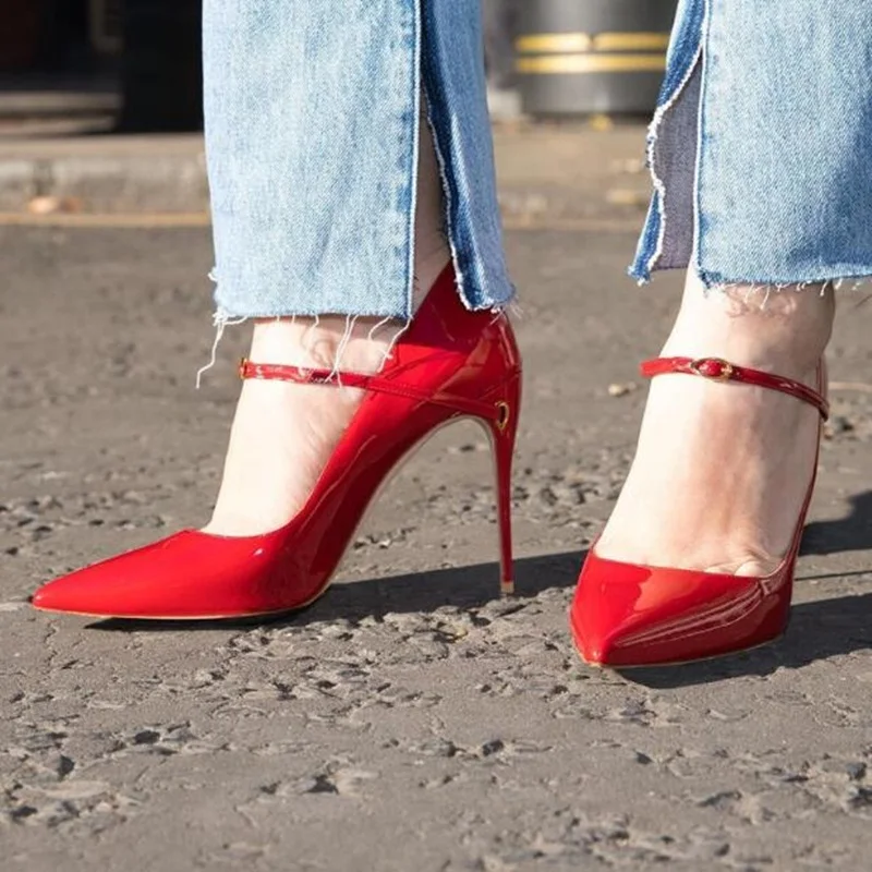 

Unique Style Red Patent Leather Heel Strap Thread High Heel Shoes Shallow Pointed Toe Slip On Lady Work Dress Shoes