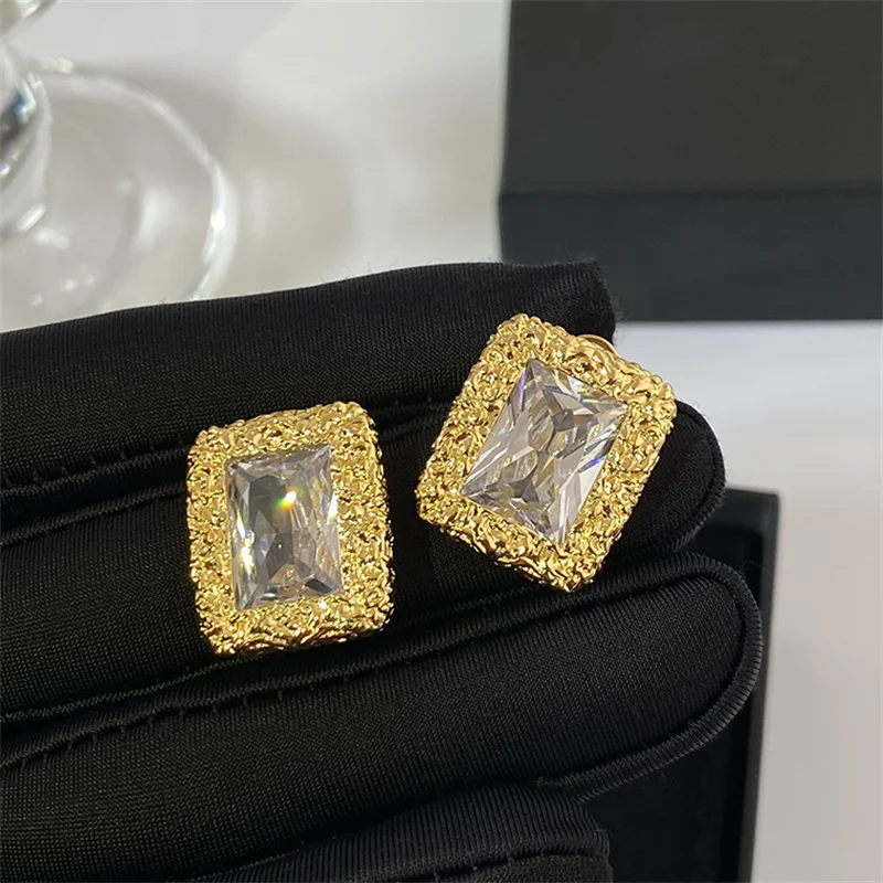 

French Shiny Square Crystal Stud Earrings Retro Temperament Haoshi High Geometric Fashion All-Match Jewelry Gift Accessories