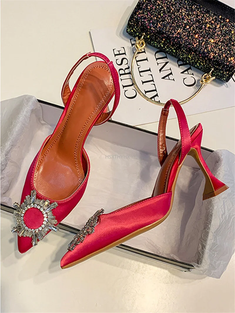 

Western Style Rose Red Women Pumps Silk Satin Pointed Toe Rhinestone Crystal High Heels Woman Wedding Dress Pumps on Cup Heeled