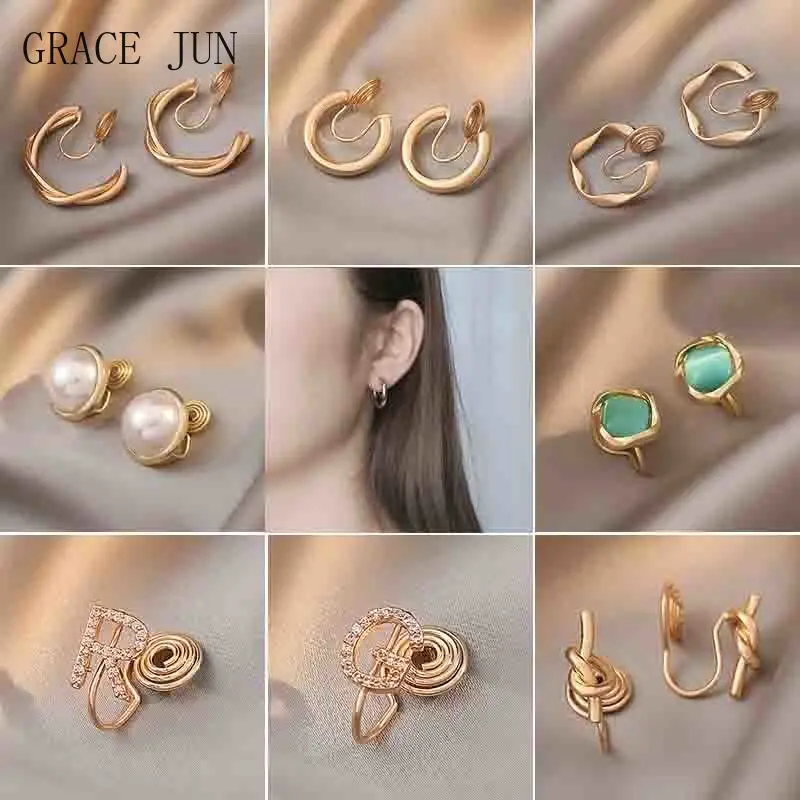 

GRACE JUN 2021 New Gold Color Clip on Earrings No Pierced for Women Party Fashion Mosquito Coil Clip Hoop Cuff Earrings Ear Clip