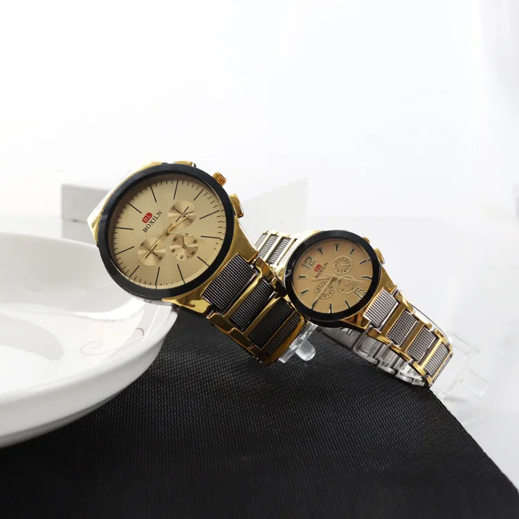

Fashion Trend Couple Watches Men's And Women's Business Three Eye Decorative Large Dial Alloy Two-color Quartz Watch 2231-2