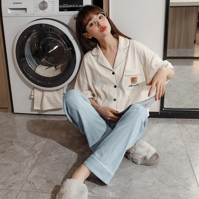 pajamas, women's spring  autumn cardigan, cotton short sleeved trousers, new loose, sweet  lovely  cartoon women's home clothes