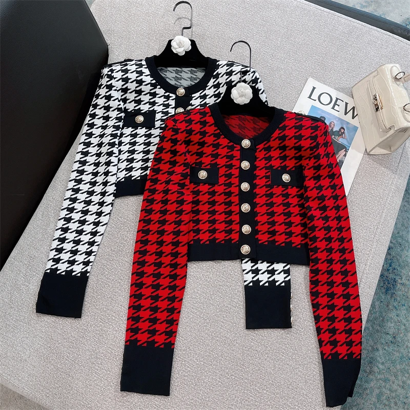 

High Quality Women Fashion New Retro Slim Single Breasted Houndstooth Short Stretch Ice Silk V-Neck Knit Cardigan Jacket Top