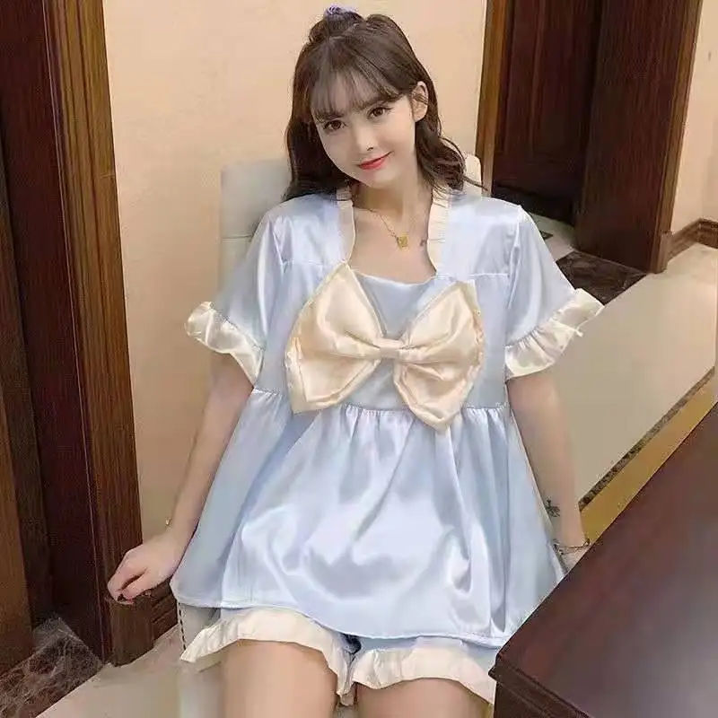 

Pajamas Women Korean Big Bow Sweet Cute Shorts Pijamas Suit Summer Thin Milk Silk Sling Nightie Home Clothes Trouser Suits