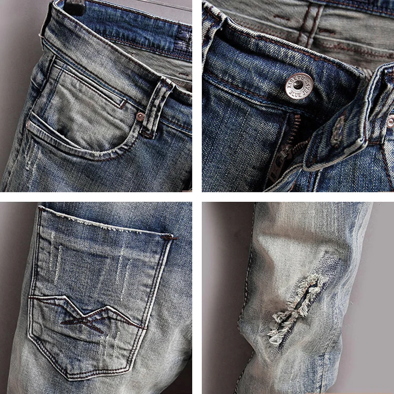 Italian Fashion Men Jeans High Quality Retro Gray Blue Elastic Slim Fit Ripped Jeans Men Patched Vintage Designer Pants Hombre