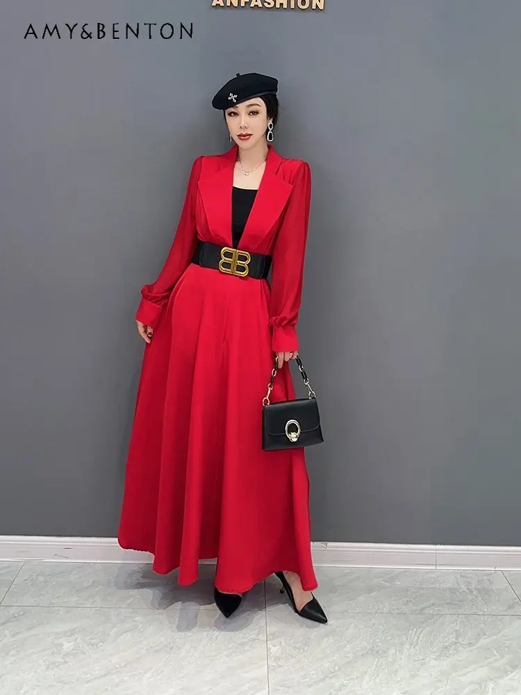 European Station 2023 Spring New Korean Fashion Elegant Suit Collar Dress Casual Slimming Women's Long Sleeve Loose Dress