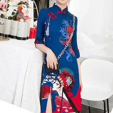 Vestido cheongsam ajustado estampado para mujer, moda china, talla grande, fruncido, novedad de verano 2021 (2)
