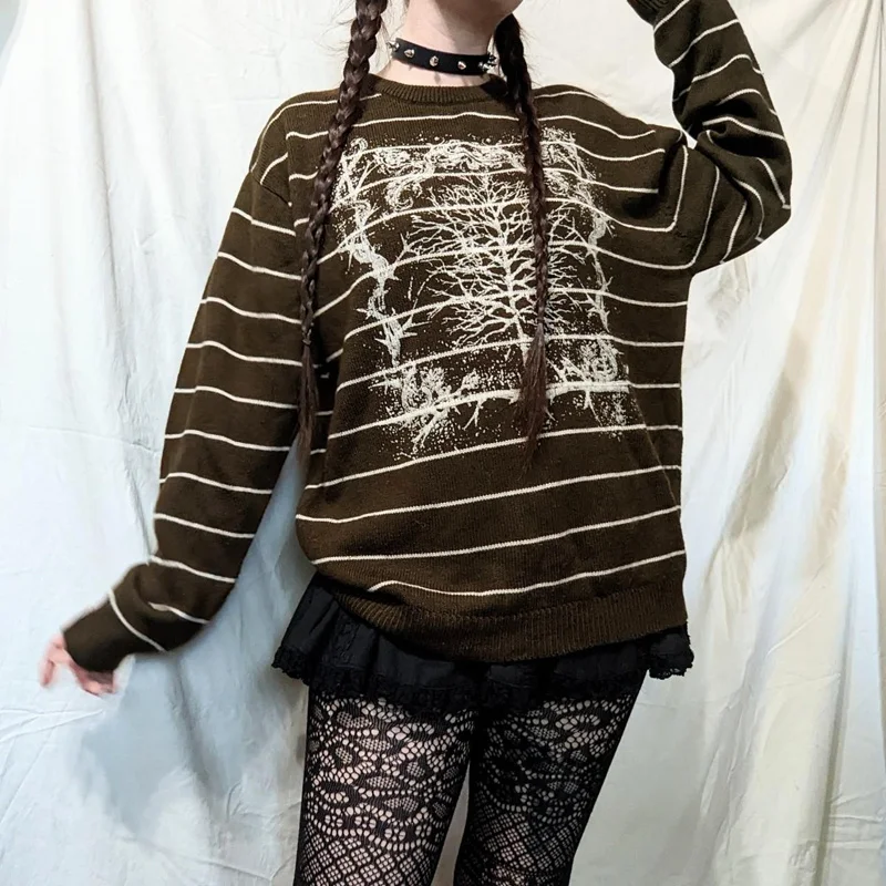 

2022 90s Vintage Dark Academia Gothic Pullovers Tops Graphic Print Striped Knitted Sweater Autumn Winter Long Sleeve Jumpers