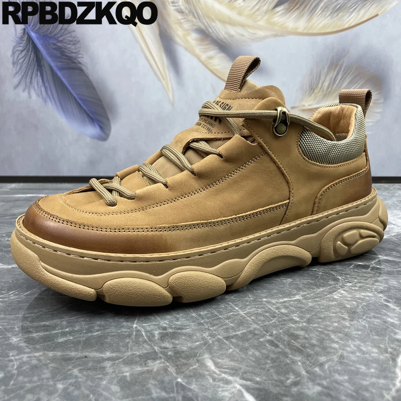 

Trainers Creepers Round Toe Work Shoes Cowhide Tan Sport Sneakers Lace Up Thick Sole Flats Men Athletic Safety Genuine Leather