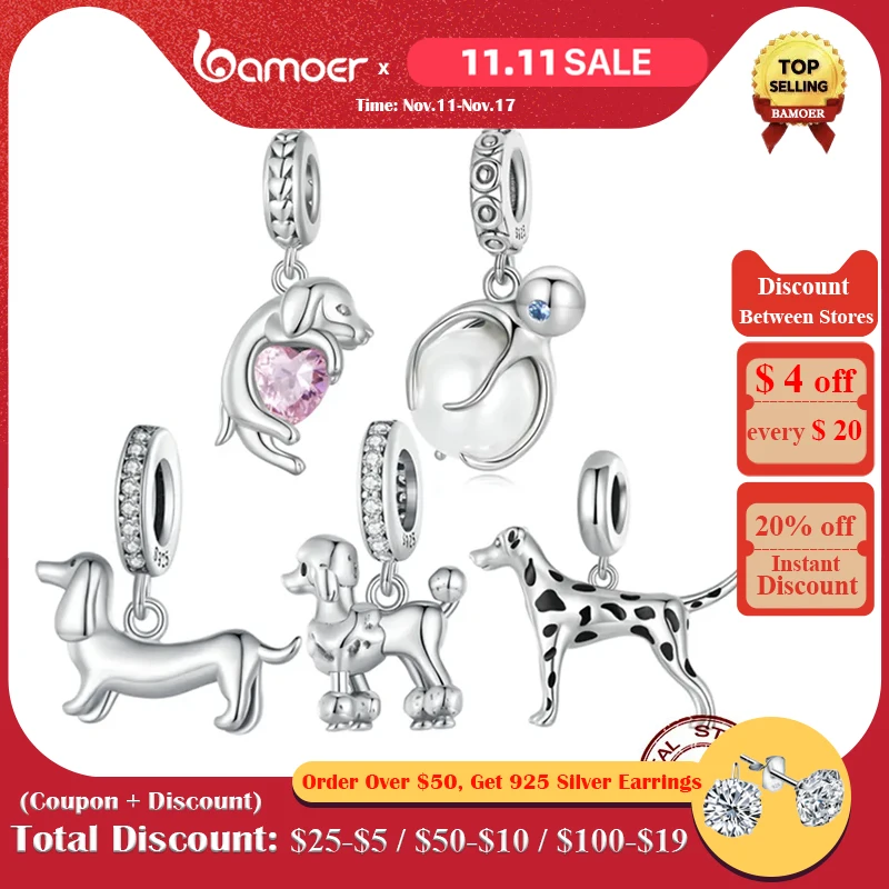 BAMOER Pet Dog Charm Beads for Charm Bracelet, Genuine 925 Sterling Silver Poodle Dachshund Pendant DIY Accessories