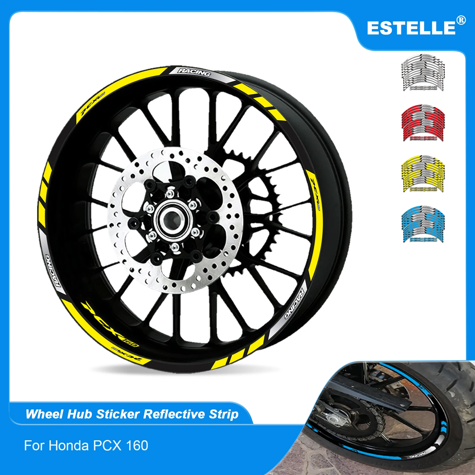 

Hot Motorcycle decal Outer Wheel Rim Stickers Tire Film Reflective Decals Tire Decoration For Honda PCX 160 Fron 14" Rear 13"