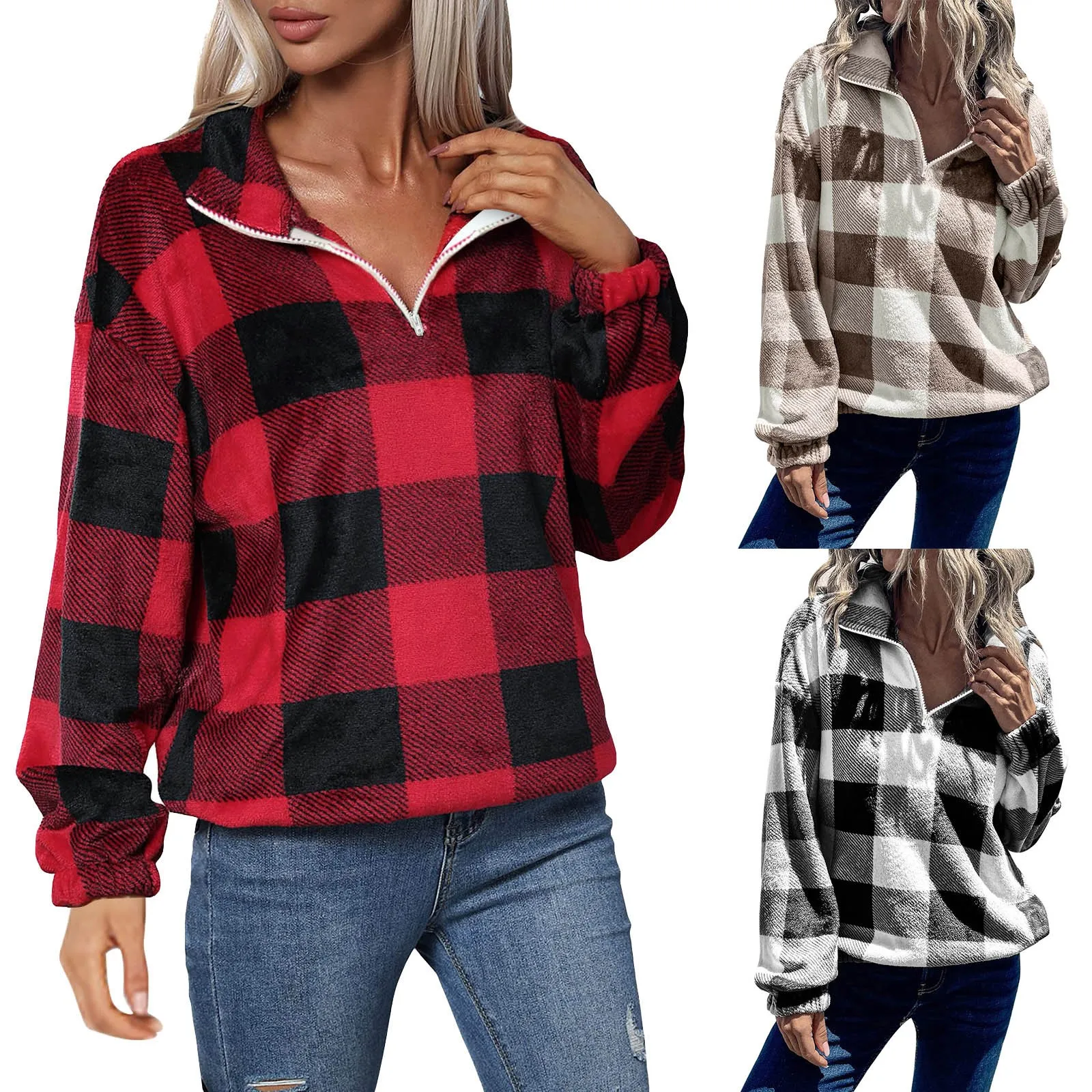 

Fleece with Sleeves Women's Plaid Quarter Zipper Sweatshirt Long Sleeve Drop Shoulder Collar Pullovers Casual