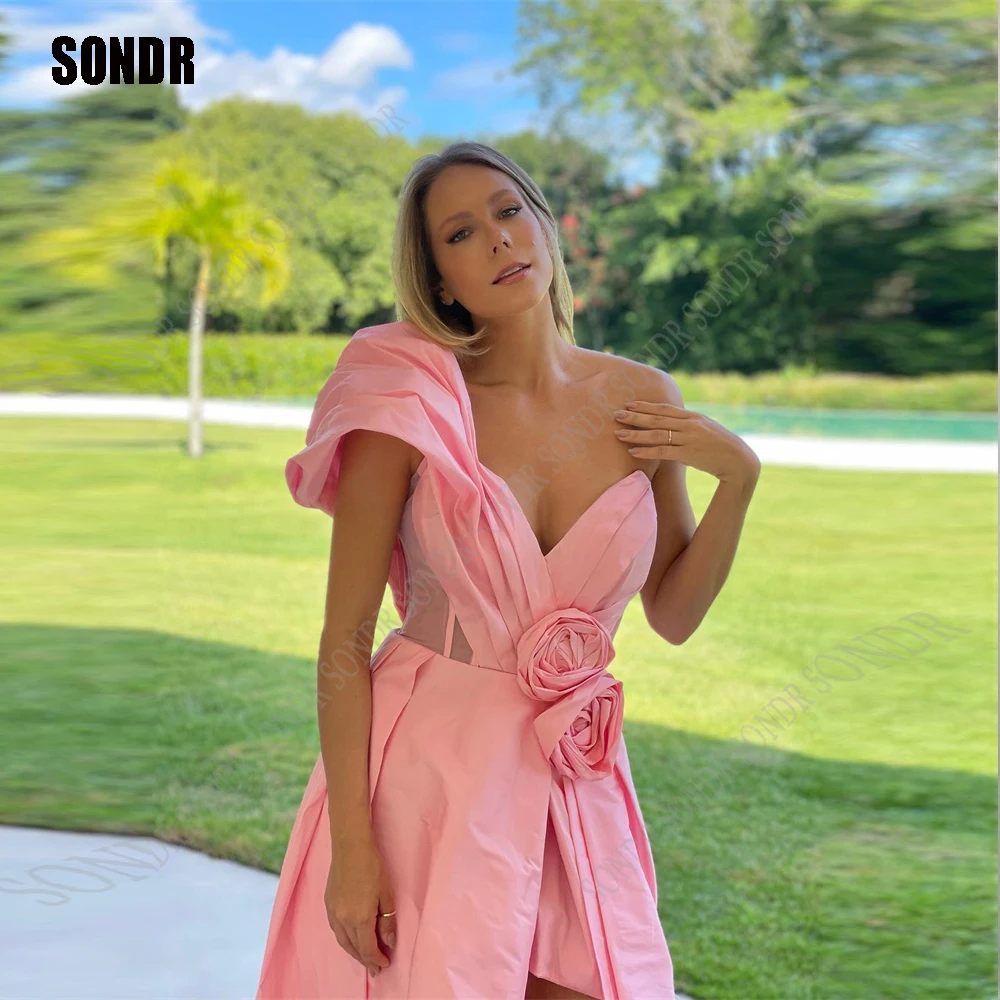 

SONDR Baby Pink One Shoulder Floral Outfits Sequins Satin A Line Gowns for Women Arabic Evening Cocktail Bridemaid Dress