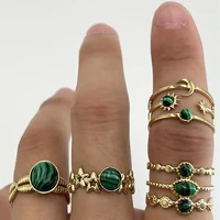 green natural stone stainless steel retro atmospheric trend emerald ring adjustable opening boho rings for women wholesale