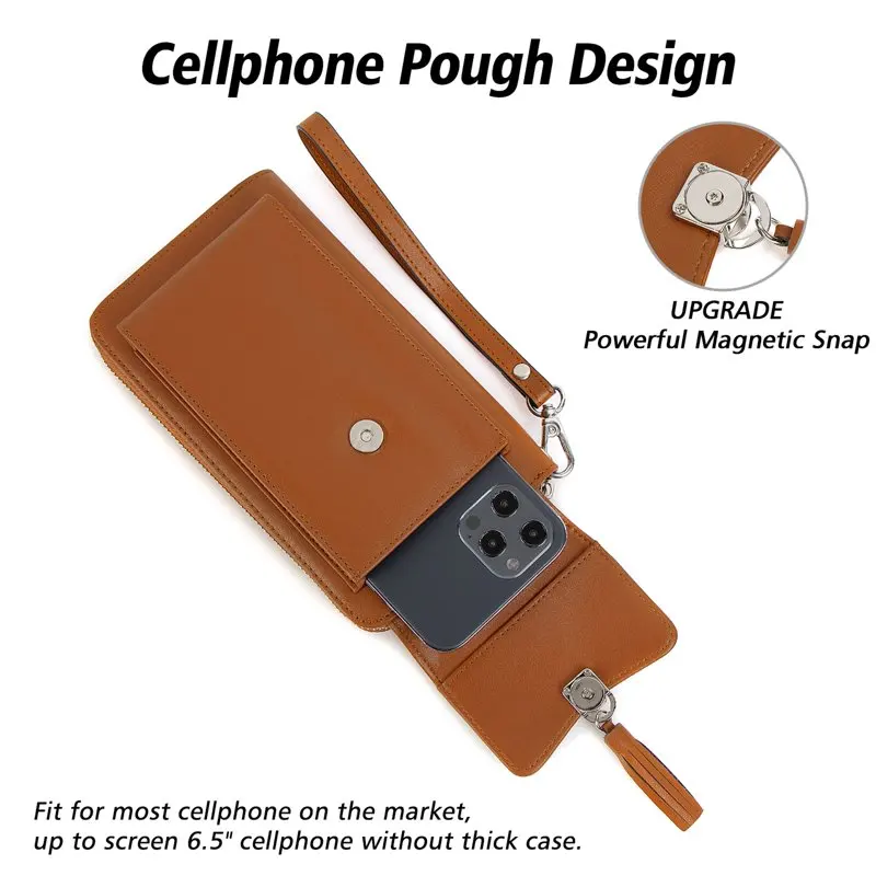 Crossbody Cell Phone Bag Wallet RFID Women's Wallet Small Tote Zipper Cell Phone Credit Card Wallet With Tassel (Brown)