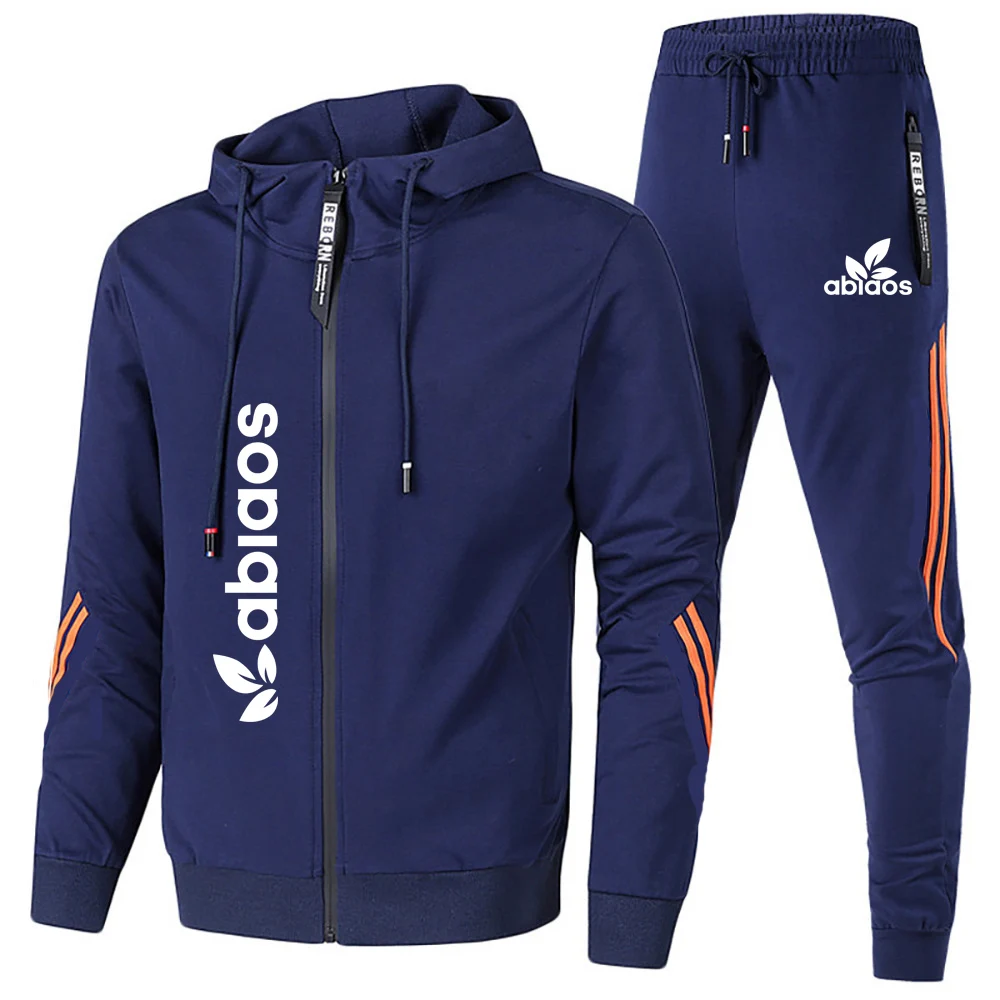 Men's spring autumn aports zipper hooded jacket suit trend outdoor sports print jacket+pants suit sportsw