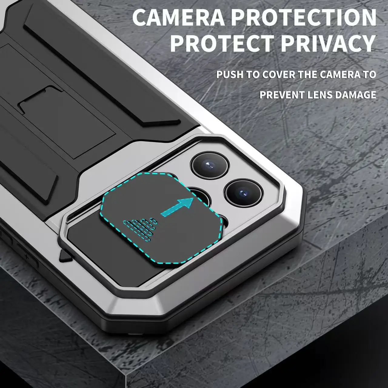 Фото Противоударный металлический чехол для iPhone 14 15 16 17 Pro Max Plus с выдвижной защитой камеры и встроенной защитой экрана, гибридный чехол на весь корпус №5