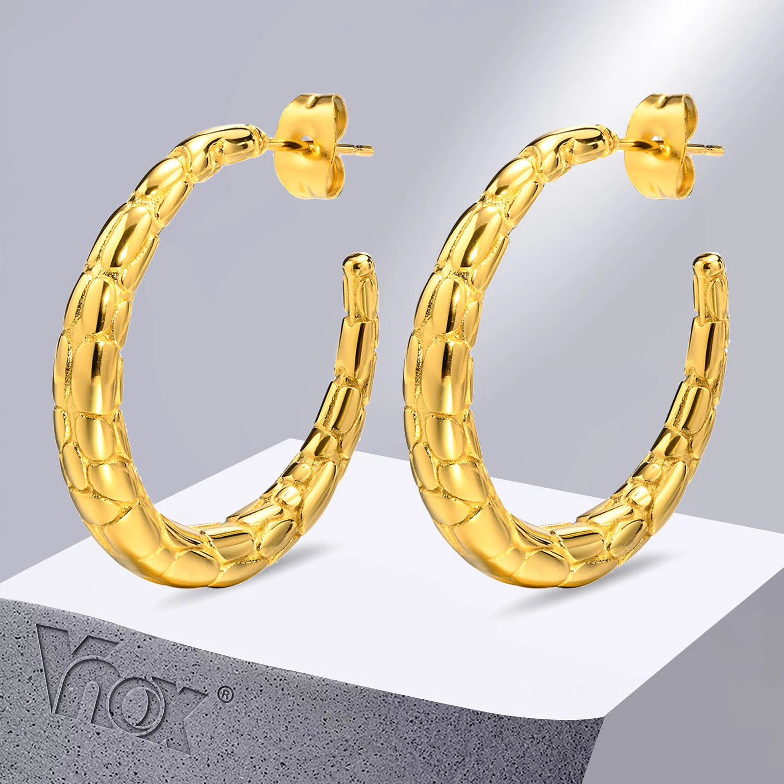 

Vnox Chic Hoop Earrings for Women Girls Gift Jewelry,Gold Color Stainless Steel Snake Pattern Ear Clip brinco feminino