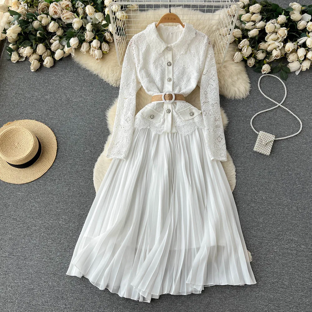 New Arrival Top Quality Spring Turn Down Collar Lace Embroidery Button Patchwork Party Chiffon Pleated Dress