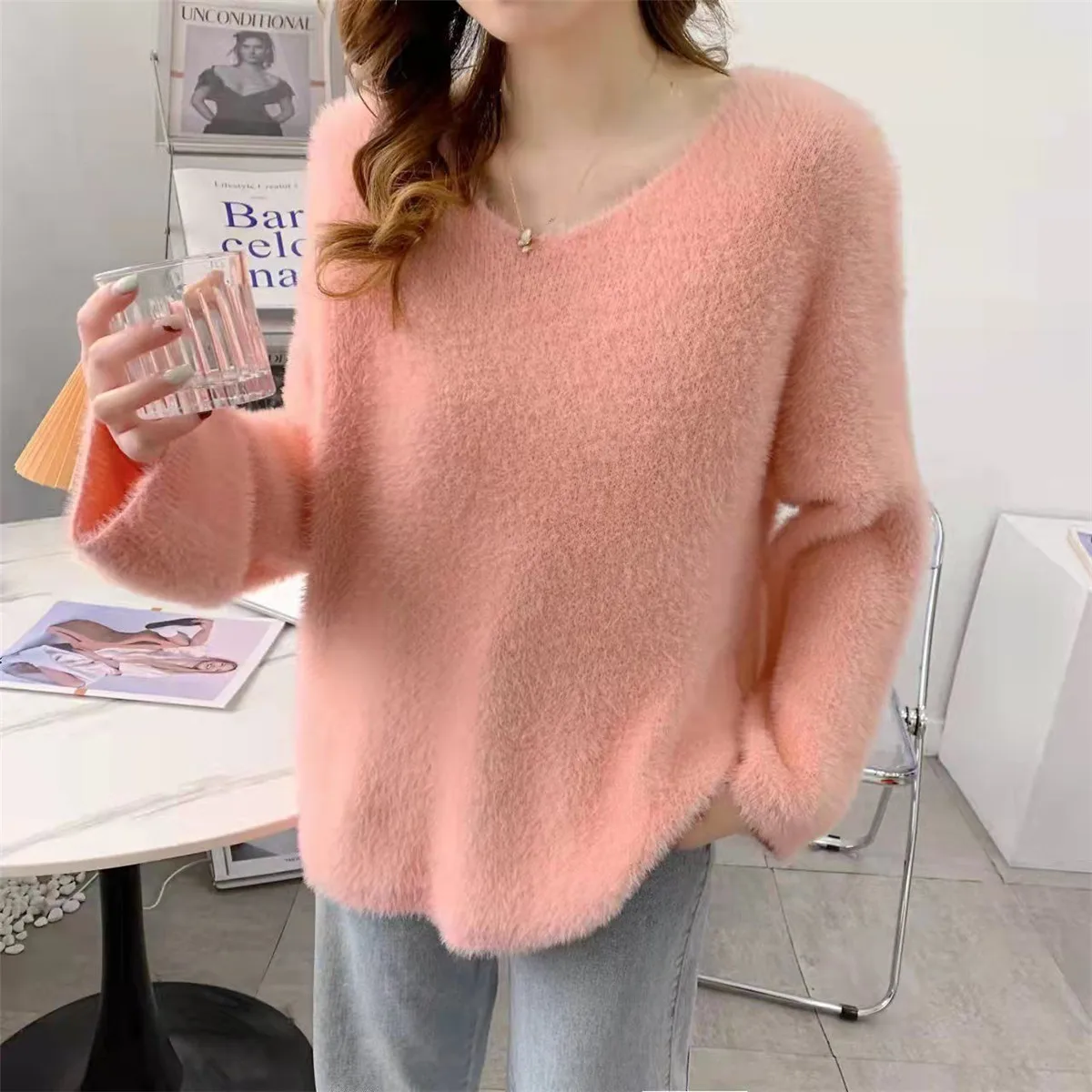 

Fashion Solid Warm Tops Women Knitting Sweater O-Neck Pullover Jumper Spring Oversized Black Harajuku Pink Kpop Sweaters Girl