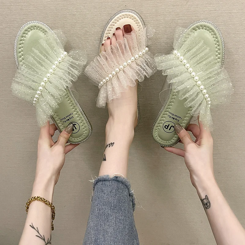 

Shoes Woman 2022 Slippers For Swimming Pool Lace Pantofle Glitter Slides Low Fashion String Bead Beach Flat New Jelly Luxury PU
