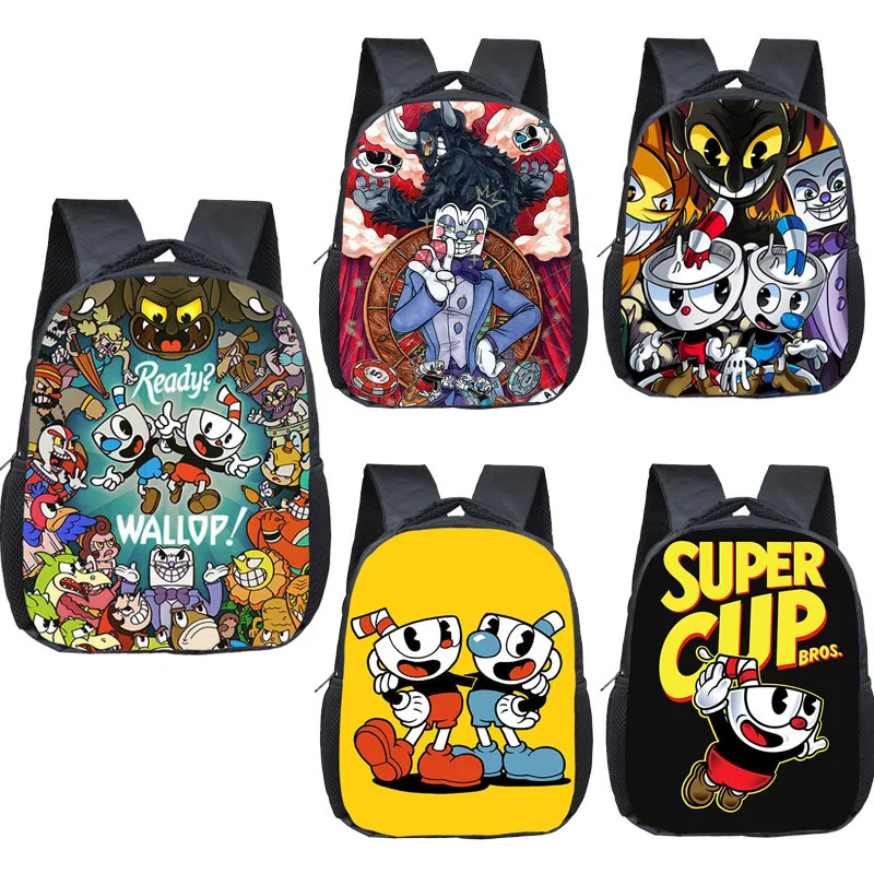 

12 Inch Cartoon Cuphead / Mughead Backpacks 3D Children School Bags Baby Toddler Bag Boys Backpack for Kids Kindergarten Bags