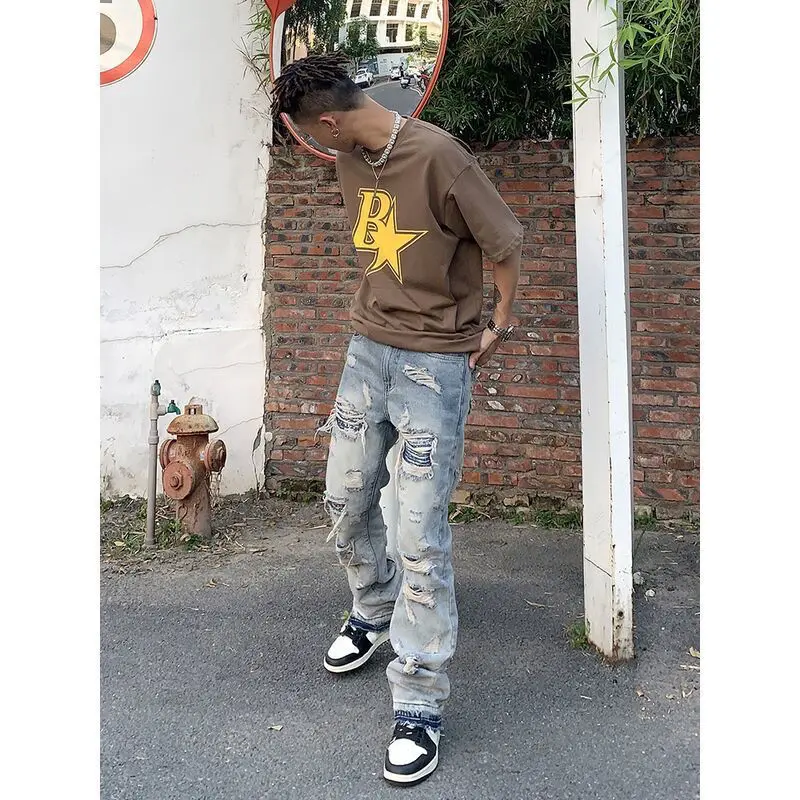 Men Vintage Hip Hop Streetwear Alt Jeans Straight Ripped Fairy Grunge Wide Leg Pants Denim Trousers Low Waist Oversize Clothes
