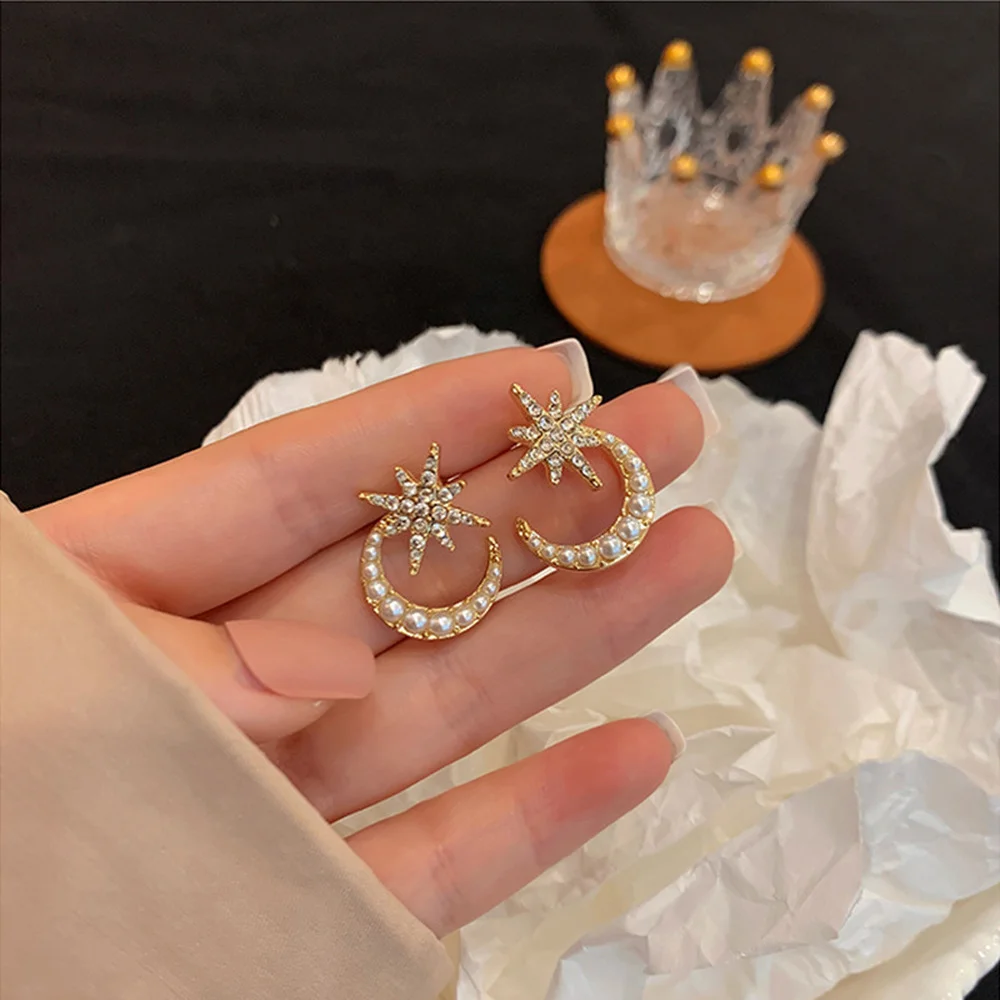 

Star Moon Earrings Stud Asterism Pearls Crystals for Women Korean Charm Luxury Jewelry Wholesale 2022 New Trendy Gift Earring