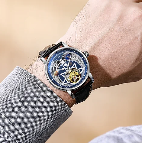 Мужские полностью автоматические механические светящиеся часы с Лунной фазой