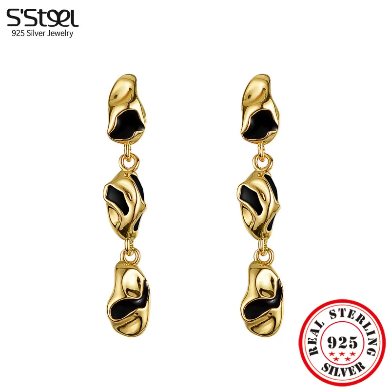 

S'STEEL Genuine 925 Silver Enamel Earrings For Women Stud Women's Retro Designer Tragus Piercing Gold Earing Engagement Jewelry