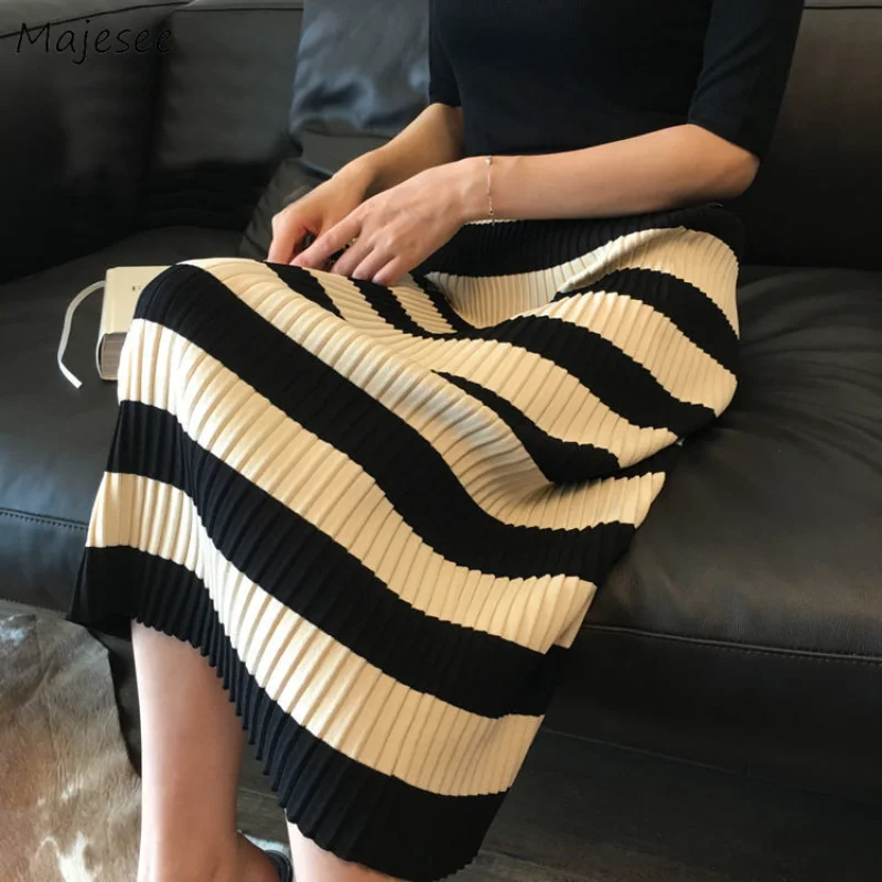 

Midi Knitted Skirts for Women Striped A-line Tender Ladies Spring All-match Casual Fashion Faldas Largas Basic Korean Style Chic