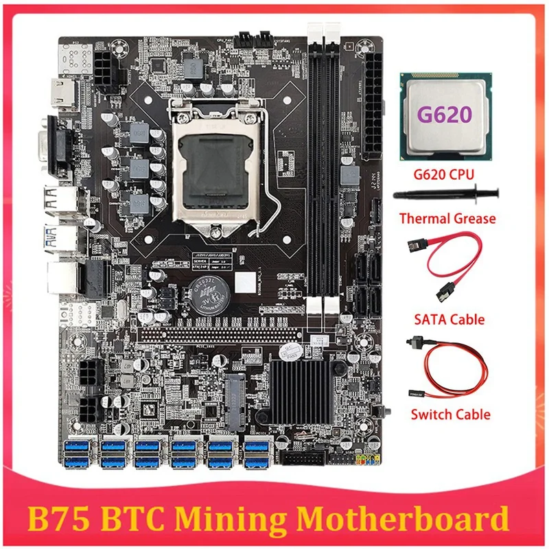 

B75 ETH Mining Motherboard 12 PCIE To USB MSATA DDR3 With G620 CPU+Switch Cable+SATA Cable B75 USB BTC Motherboard