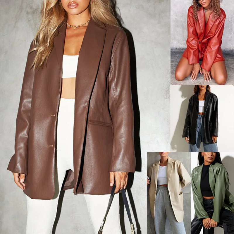 

Womens Casual Fashion Suit Coat PU Leather Lapel Collar Loose Blazer Outwear