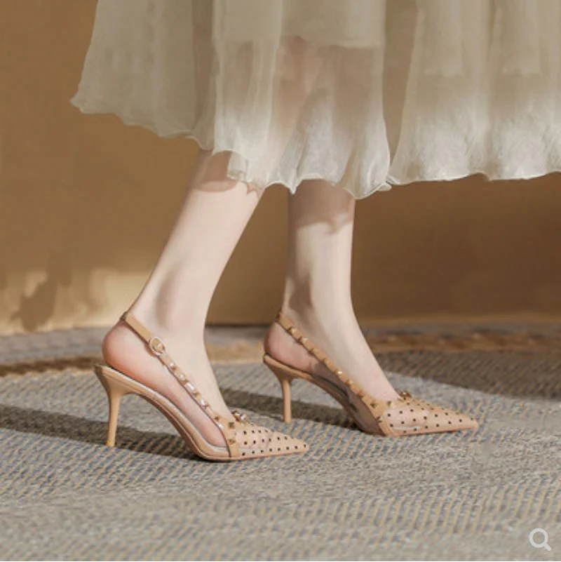 NEW Show Thin Women Sandals Fashion Rivet Back Strap Shallow High Heels Shoes Women's Solid Mesh Pointed Toe Sexy Party Sandals
