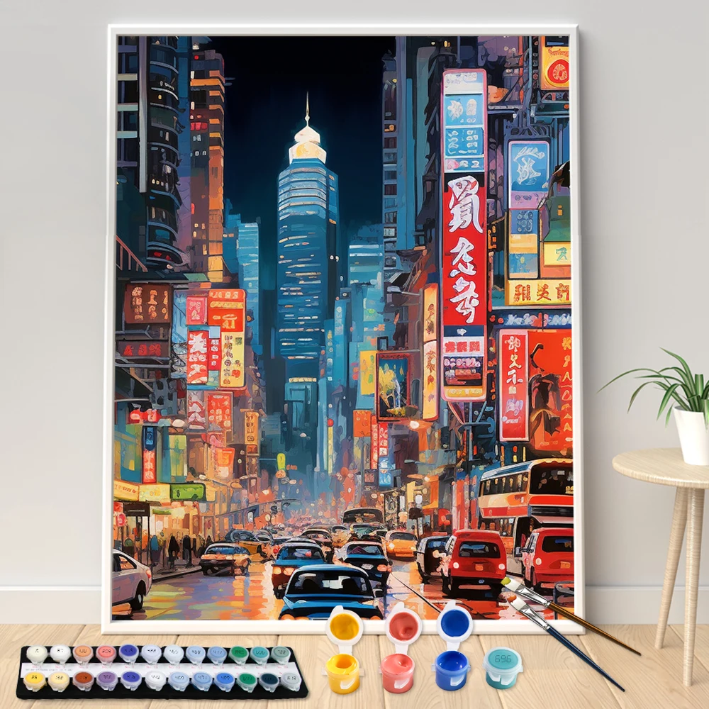 

Oil Painting by Numbers Kit, Hand Paint, Hong Kong City Street Scene, DIY Seascape, Acrylic Artwork, Art Gift, Home Decoration