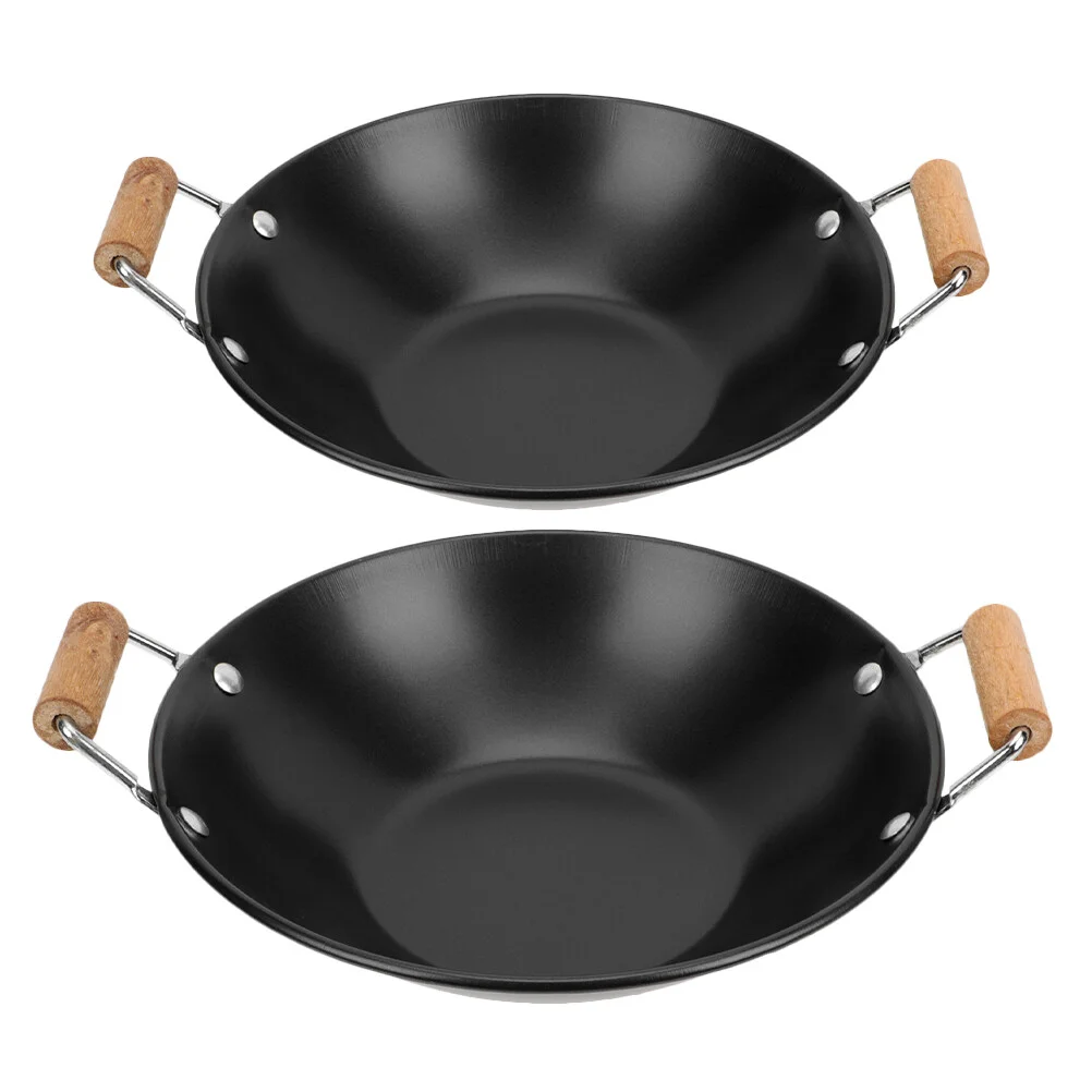 

2 Pcs Double Handle Pot Cooking Ear Wok Pan Lid Utensils Small Dry Thicken Hot Metal Household Individual Stainless Steel