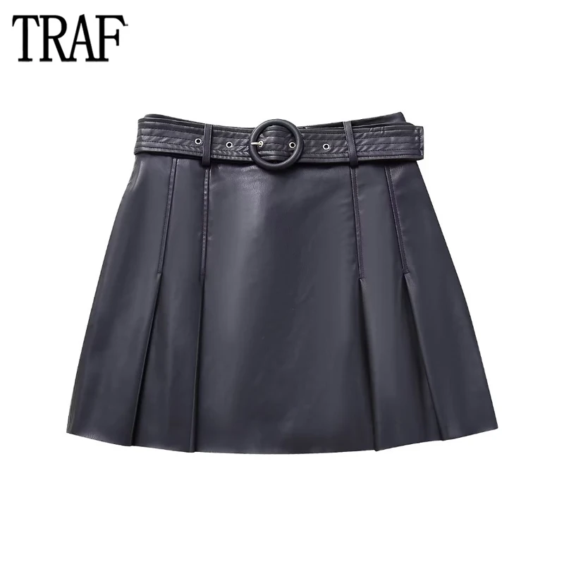 

TRAF Faux Leather Mini Skirts for Women Black Pleated Skirt Women Office High Waist Woman Skirts Autumn Belt Short Women Skirts