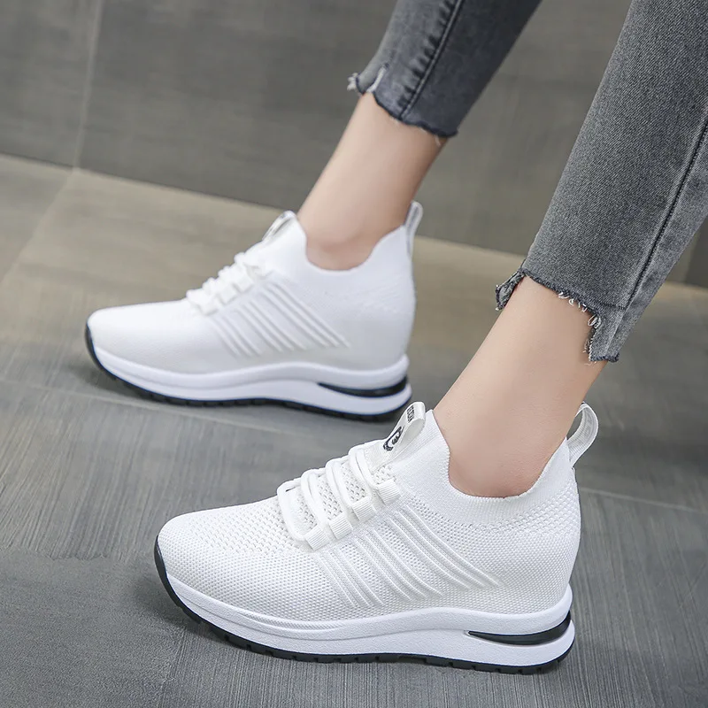 

Women Casual Mesh Breathable Tennis Shoes Height-Increasing 7CM Slip On Female Sock Footwear Outdoor Woman Sneakers Platform