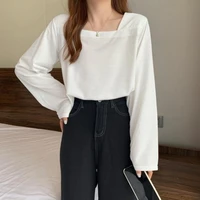 loose long sleeve solid color tee shirt women square collar casual cotton t shirt female basic korean tops harajuku t shirt